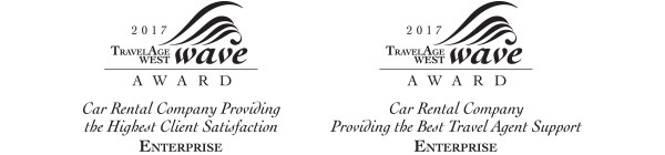 2017 Travel Age West Wave Award, Car Rental Company Providing the Highest Client Satisfaction, Enterprise • 2017 Travel Age West Wave Award, Car Rental Company Providing the Best Travel Agent Support, Enterprise