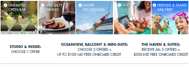 Unlimited Open Bar, Specialty Dining, Shore Excursions, WiFi or Friends & Family Sale Free