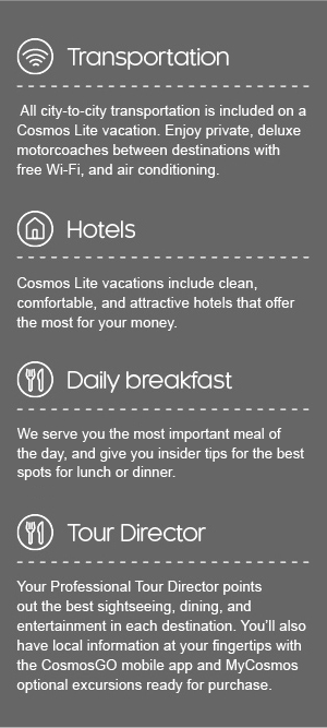 Transportation, Hotels, Daily breakfast, Tour Director