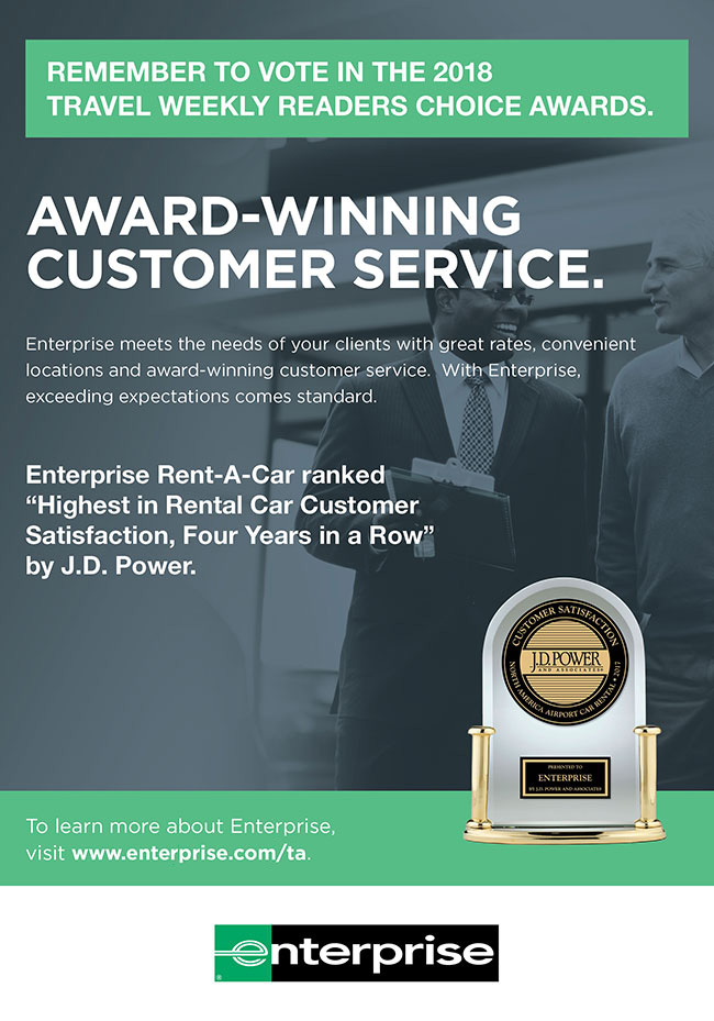 REMEMBER TO VOTE IN THE 2018 TRAVEL WEEKLY READERS CHOICE AWARDS. • AWARD-WINNING CUSTOMER SERVICE. • Enterprise meets the needs of your clients with great rates, convenient locations and award-winning customer service.  With Enterprise, exceeding expectations comes standard. • Enterprise Rent-A-Car ranked 