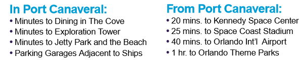 In Port Canaveral: Minutes to dining in The Cove; Minutes to Exploration Tower; Minutes to Jetty Park and the Beach; Parking garages adjacent to ships. From Port Canaveral: 20 mins to Kennedy Space Center; 25 mins to Space Coast Stadium; 40 mins to Orlando International Airport; 1 hr to Orlando theme parks.