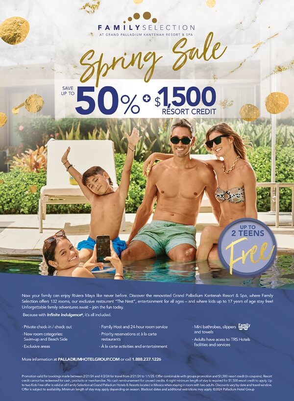 Save up to 50% this Spring with Family Selection at Grand Palladium Kantenah Resort & Spa in Riviera Maya, Mexico.