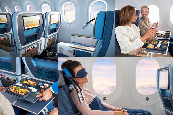 KLM Premium Comfort Montage featuring amenities available during flight