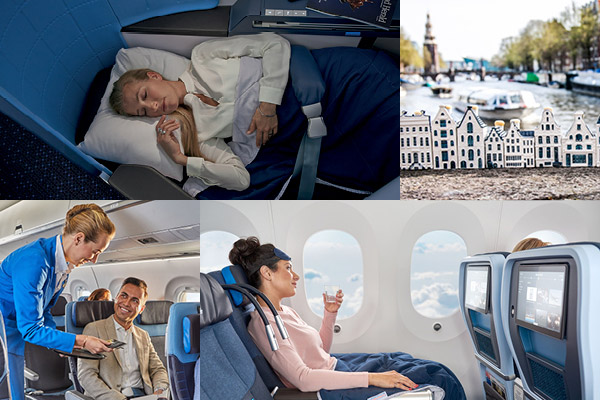 A collage of various airplane travel scenes including a passengers sleeping, a passenger being attended to by a flight attendant, a view from an airplane window, and a cityscape.