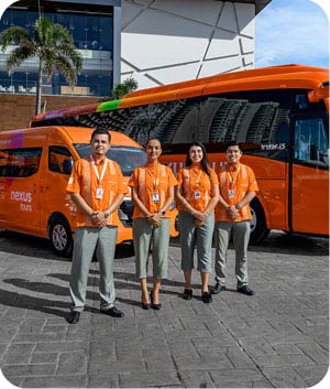 tour staff standing next to vehicles